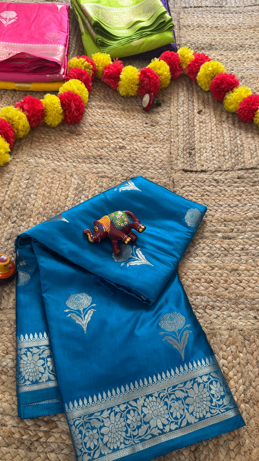 Satin Silk Saree - Blue with Zari Boarder