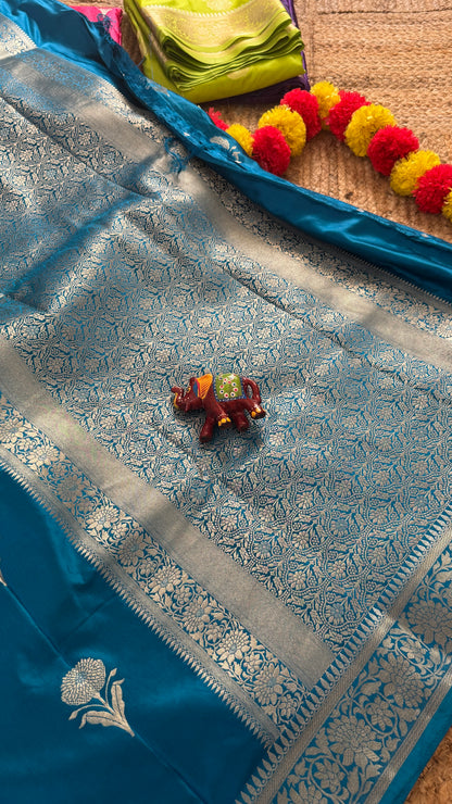 Satin Silk Saree - Blue with Zari Boarder