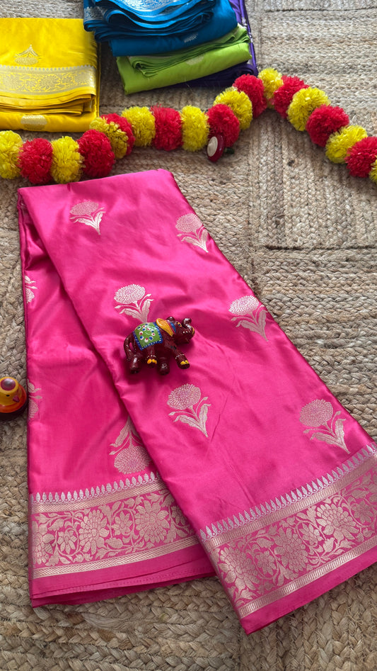 Satin Silk Saree - Peach with Zari Boarder