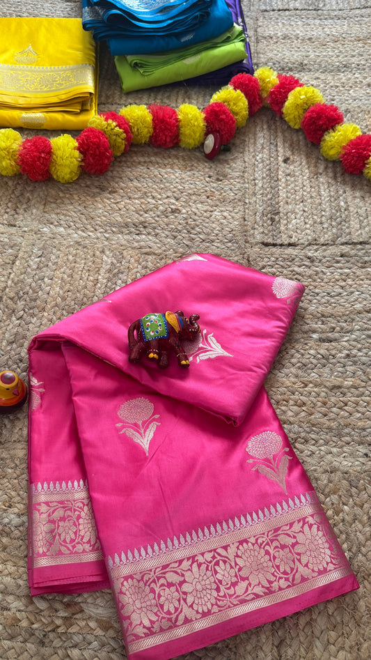 Satin Silk Saree - Peach with Zari Boarder