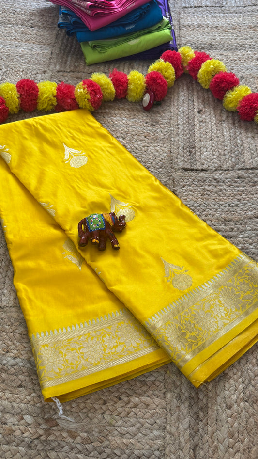Satin Silk Saree - Yellow with Zari Boarder