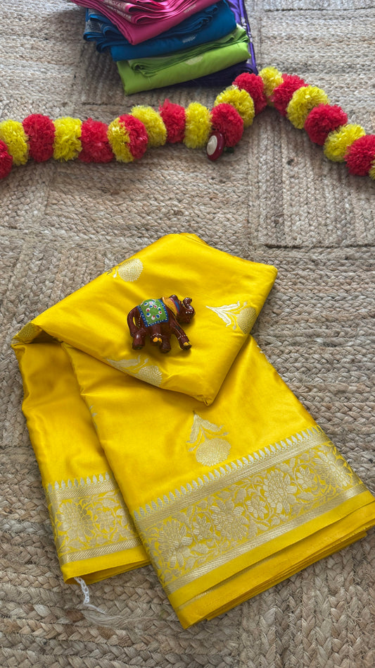 Satin Silk Saree - Yellow with Zari Boarder