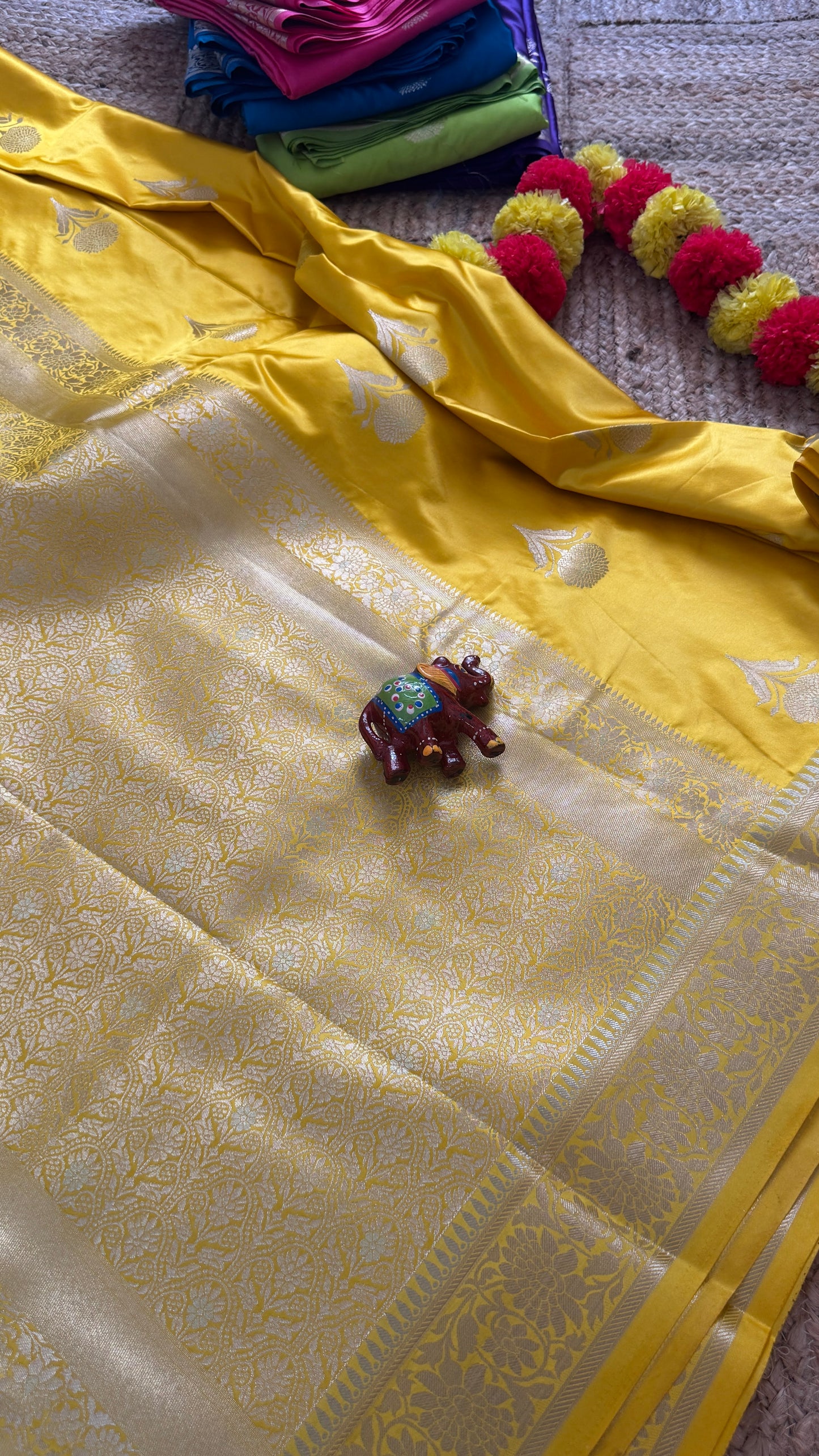 Satin Silk Saree - Yellow with Zari Boarder