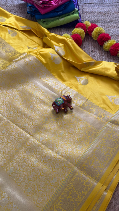 Satin Silk Saree - Yellow with Zari Boarder