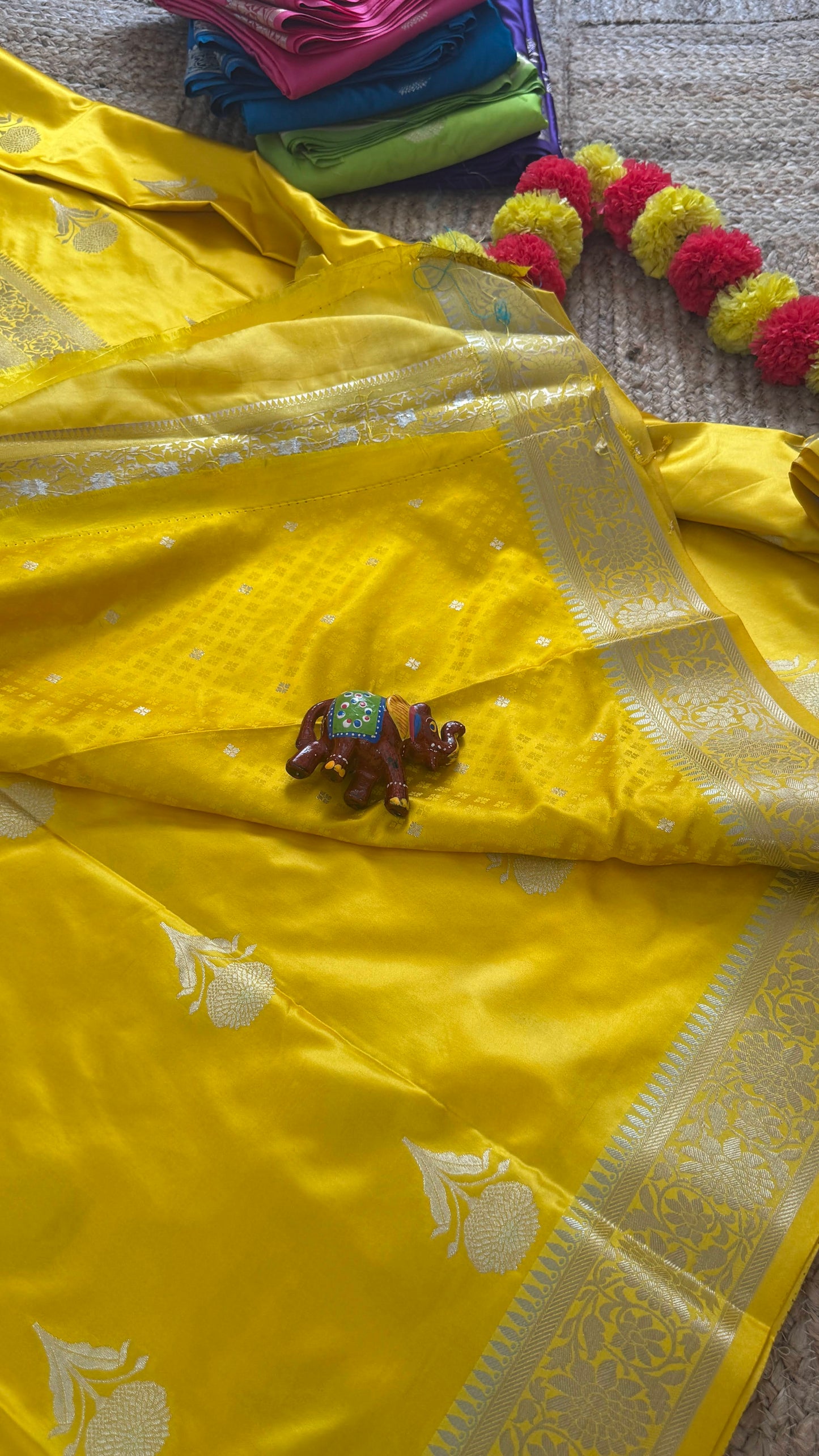 Satin Silk Saree - Yellow with Zari Boarder