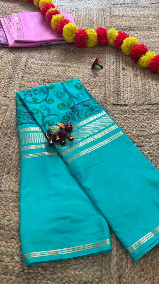 Semi Silk Kalamkari Print Saree  - Torquoise