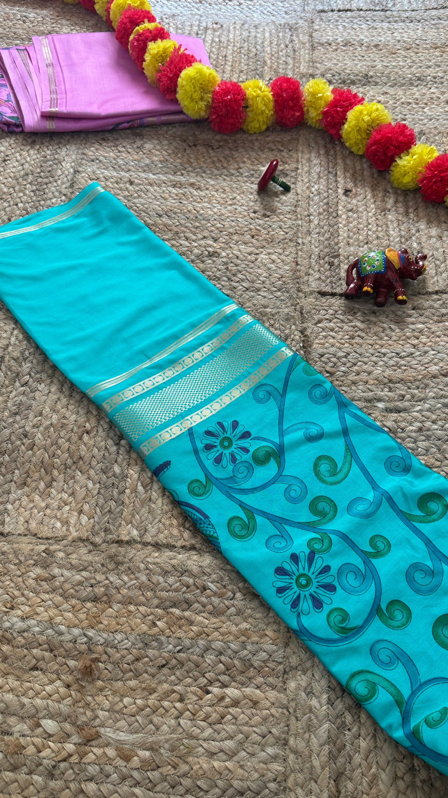 Semi Silk Kalamkari Print Saree  - Torquoise
