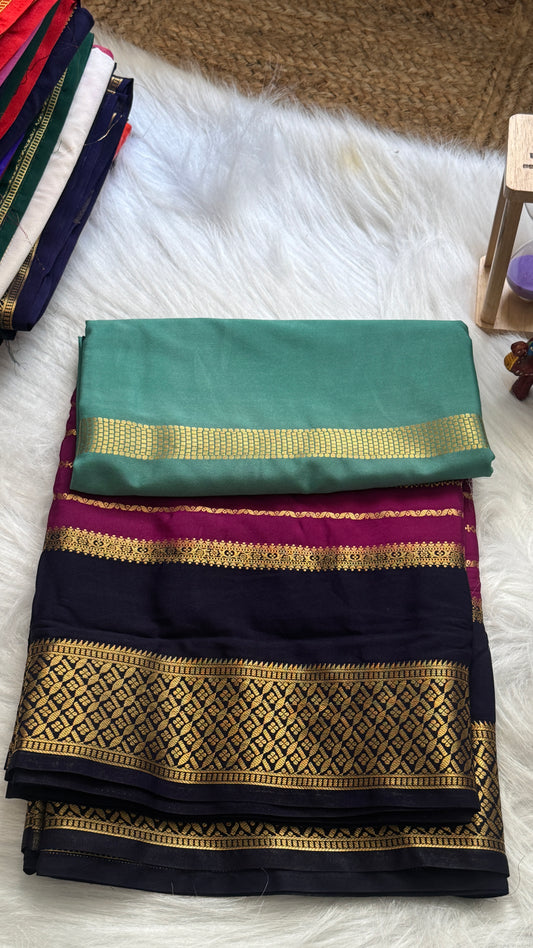 Semi  Mysore Silk Saree - 3D Pattern - Dark Blue, Maroon & Turquoise