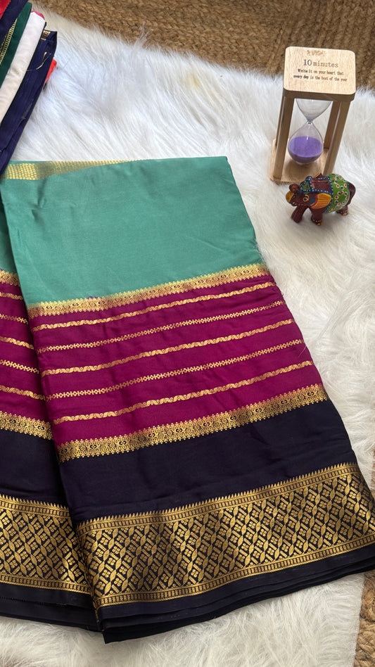 Semi  Mysore Silk Saree - 3D Pattern - Dark Blue, Maroon & Turquoise