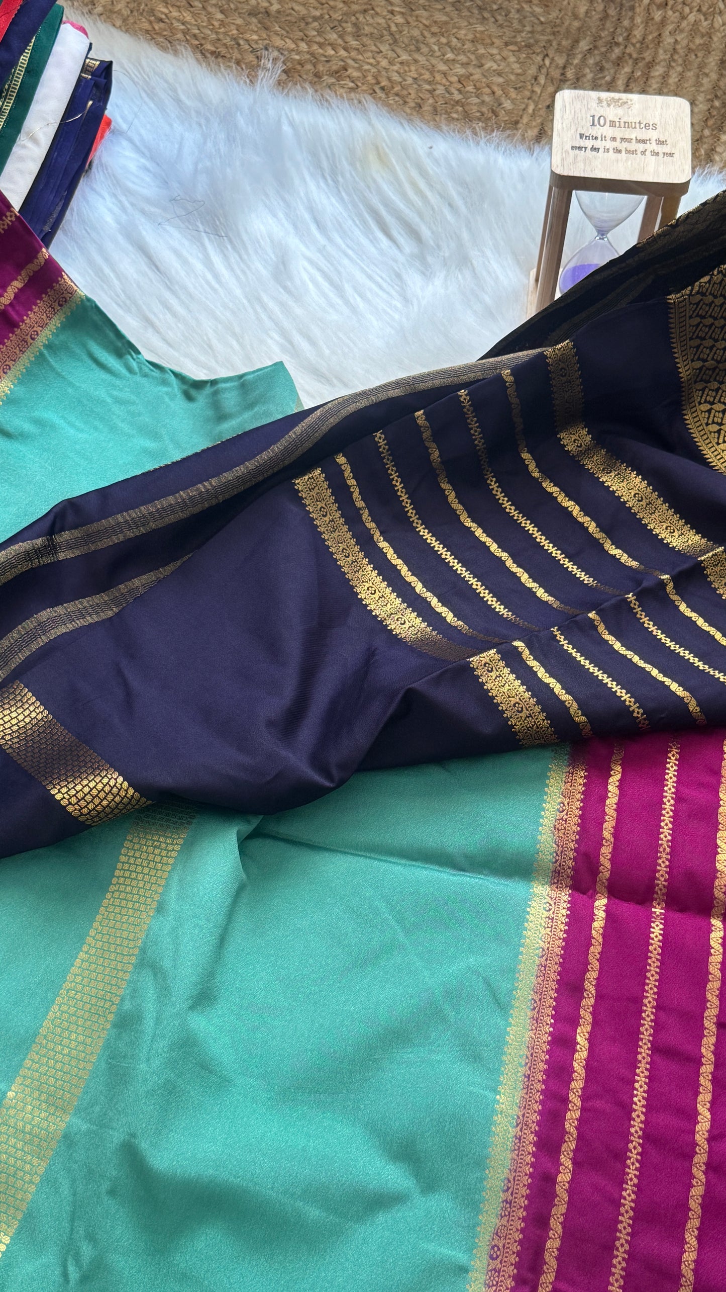 Semi  Mysore Silk Saree - 3D Pattern - Dark Blue, Maroon & Turquoise