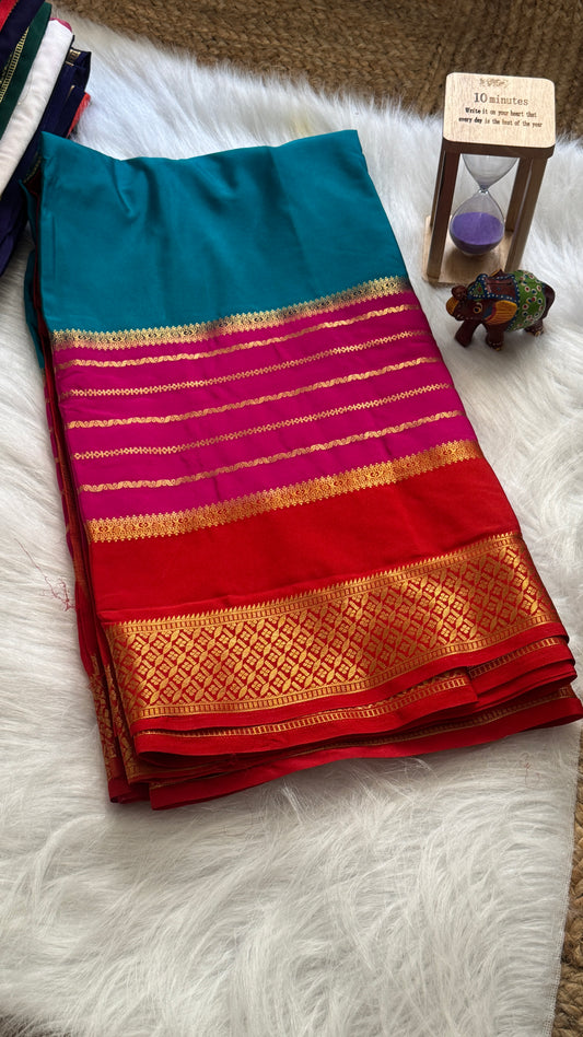 Semi  Mysore Silk Saree - 3D Pattern - Red, Pink & Rama Green