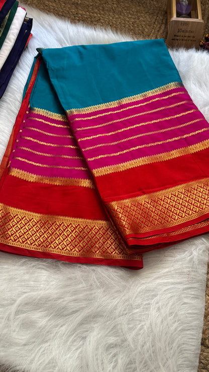 Semi  Mysore Silk Saree - 3D Pattern - Red, Pink & Rama Green