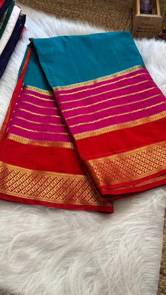 Semi  Mysore Silk Saree - 3D Pattern - Red, Pink & Rama Green