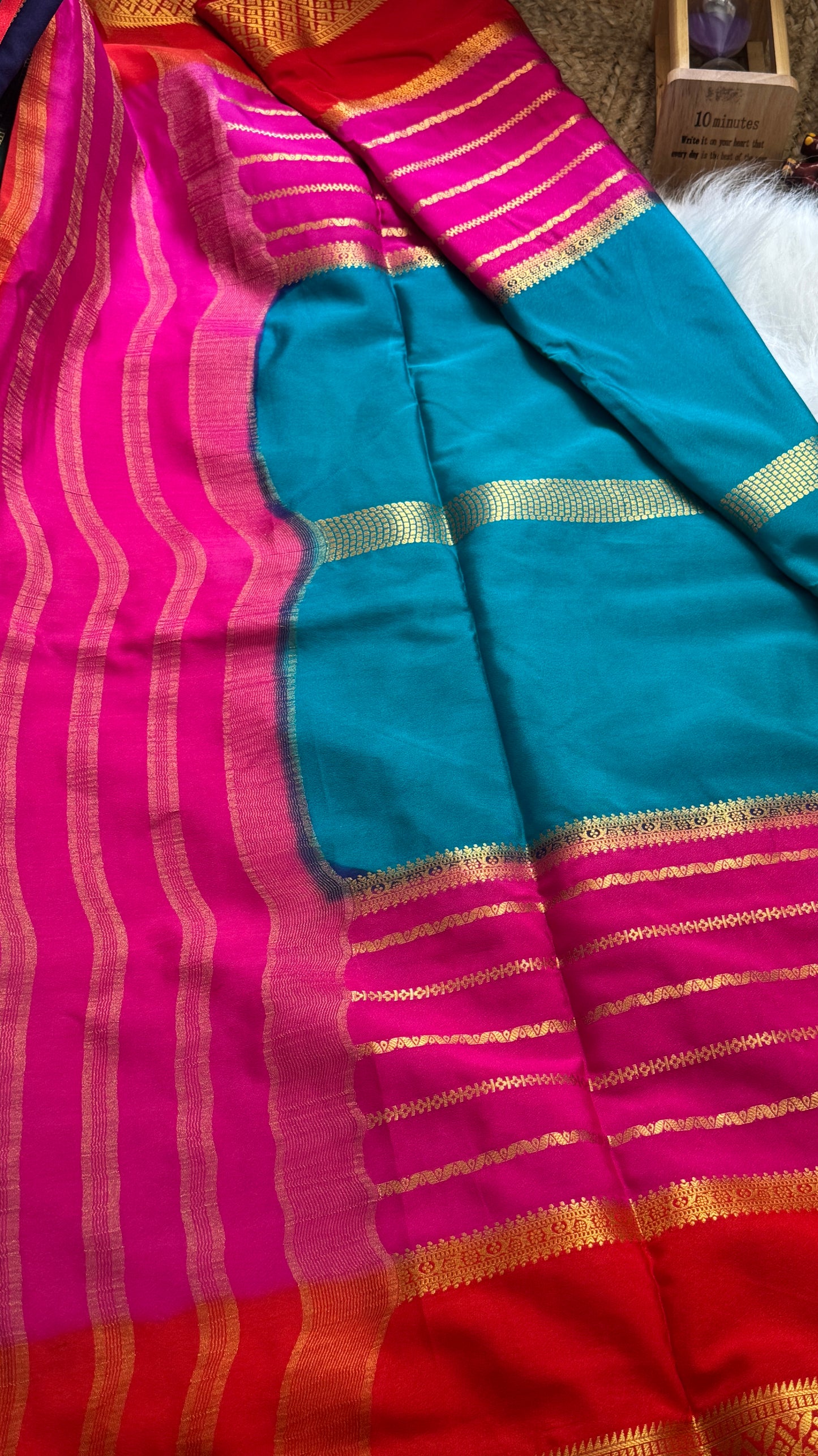 Semi  Mysore Silk Saree - 3D Pattern - Red, Pink & Rama Green