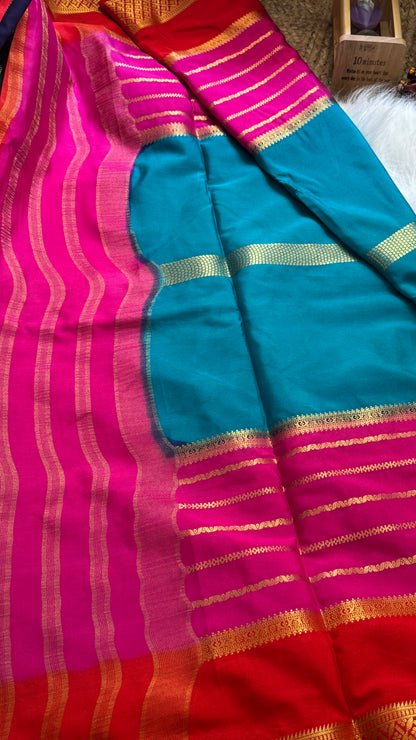 Semi  Mysore Silk Saree - 3D Pattern - Red, Pink & Rama Green