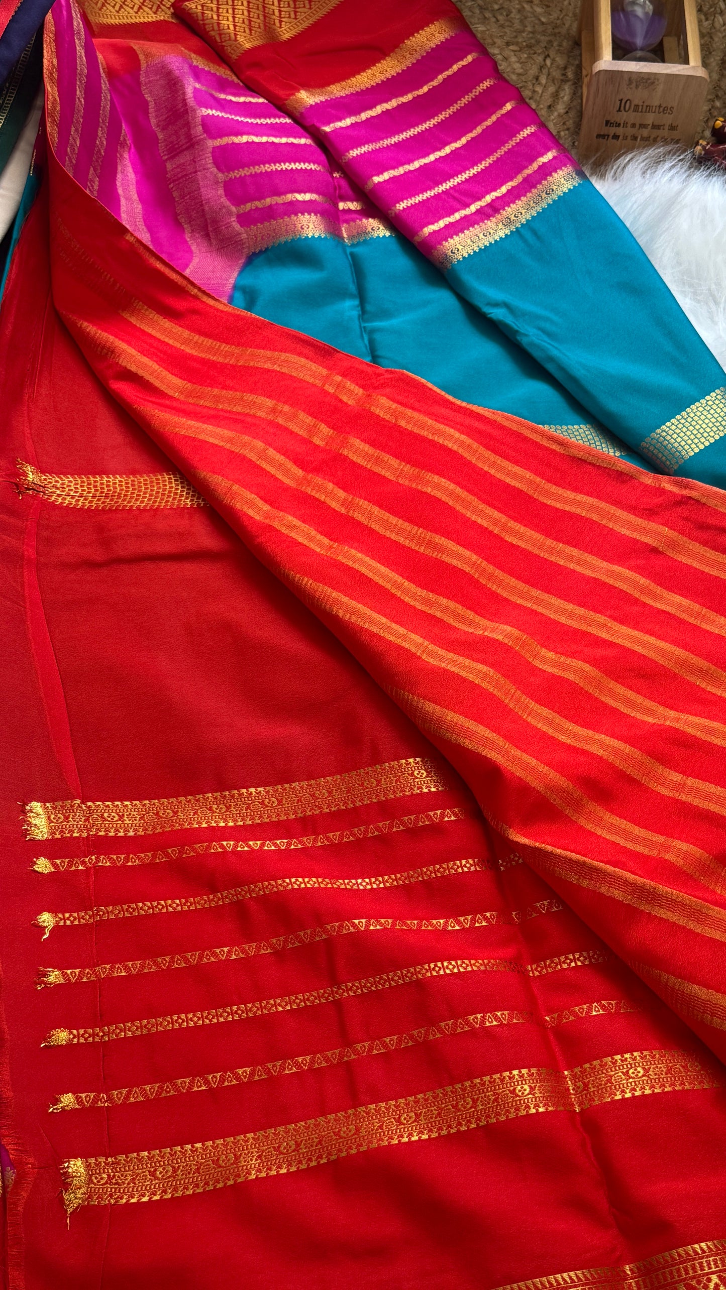 Semi  Mysore Silk Saree - 3D Pattern - Red, Pink & Rama Green