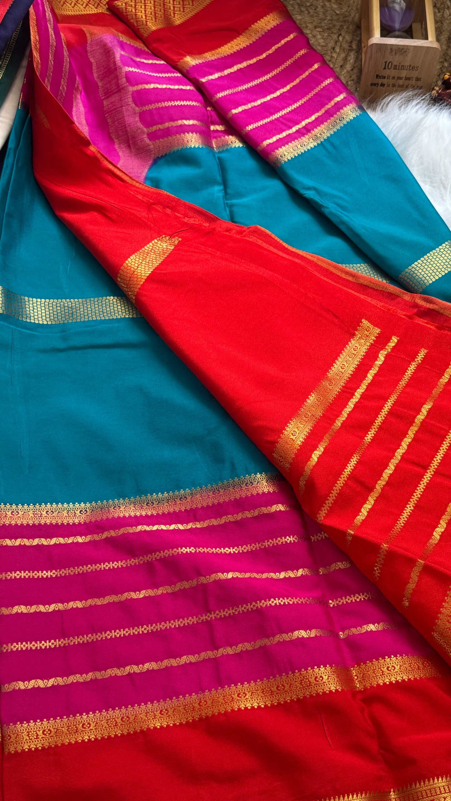 Semi  Mysore Silk Saree - 3D Pattern - Red, Pink & Rama Green