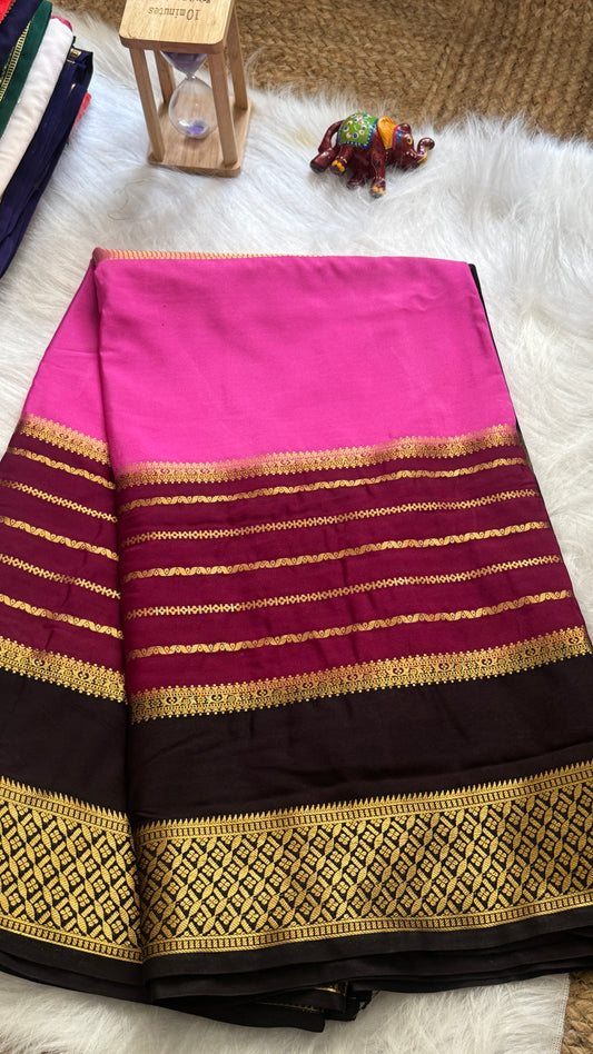 Semi  Mysore Silk Saree - 3D Pattern - Black, Maroon and Pink