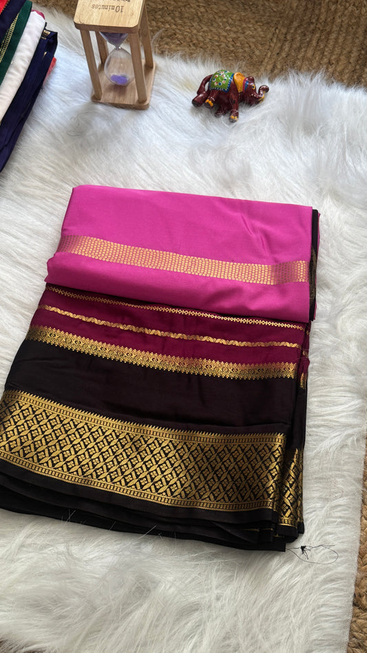 Semi  Mysore Silk Saree - 3D Pattern - Black, Maroon and Pink