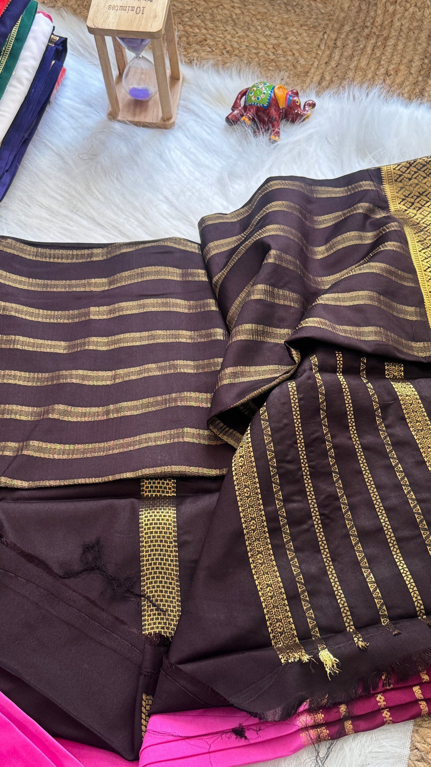 Semi  Mysore Silk Saree - 3D Pattern - Black, Maroon and Pink