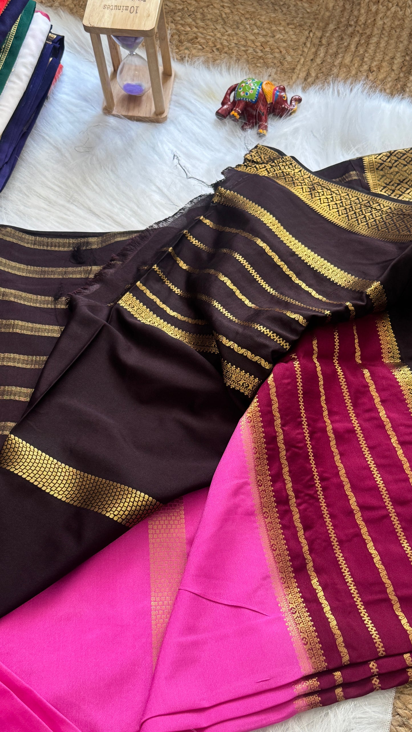 Semi  Mysore Silk Saree - 3D Pattern - Black, Maroon and Pink
