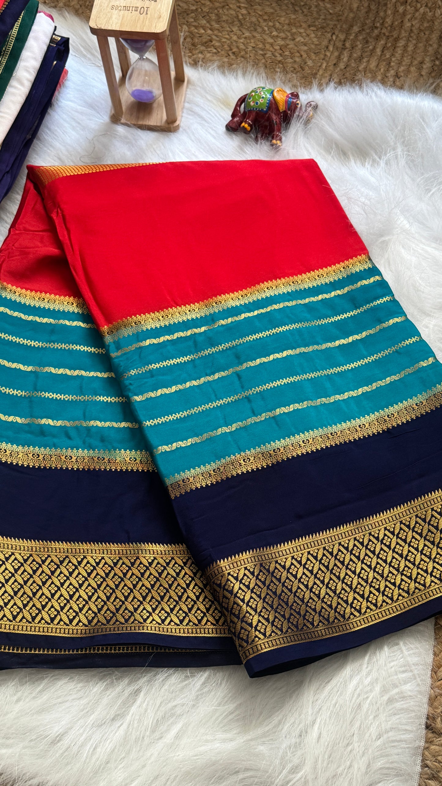 Semi  Mysore Silk Saree - 3D Pattern - Black, Turquoise and Orange