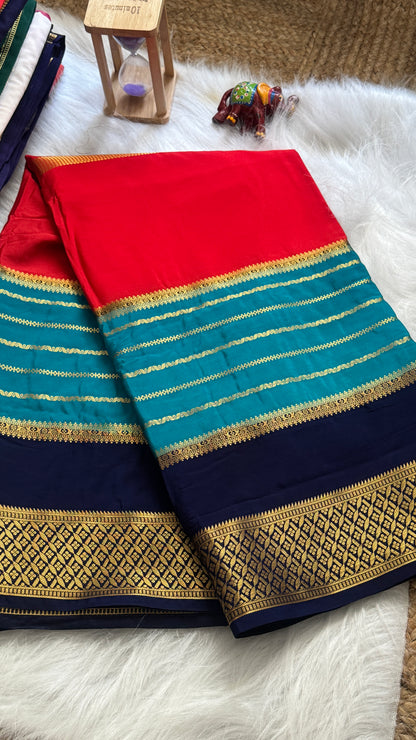 Semi  Mysore Silk Saree - 3D Pattern - Black, Turquoise and Orange