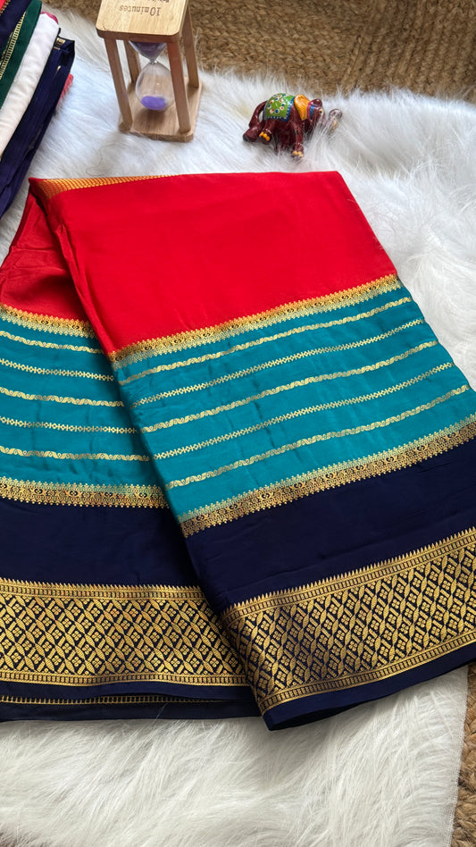 Semi  Mysore Silk Saree - 3D Pattern - Black, Turquoise and Orange