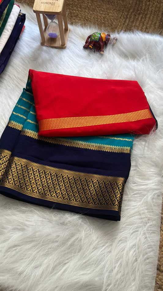 Semi  Mysore Silk Saree - 3D Pattern - Black, Turquoise and Orange