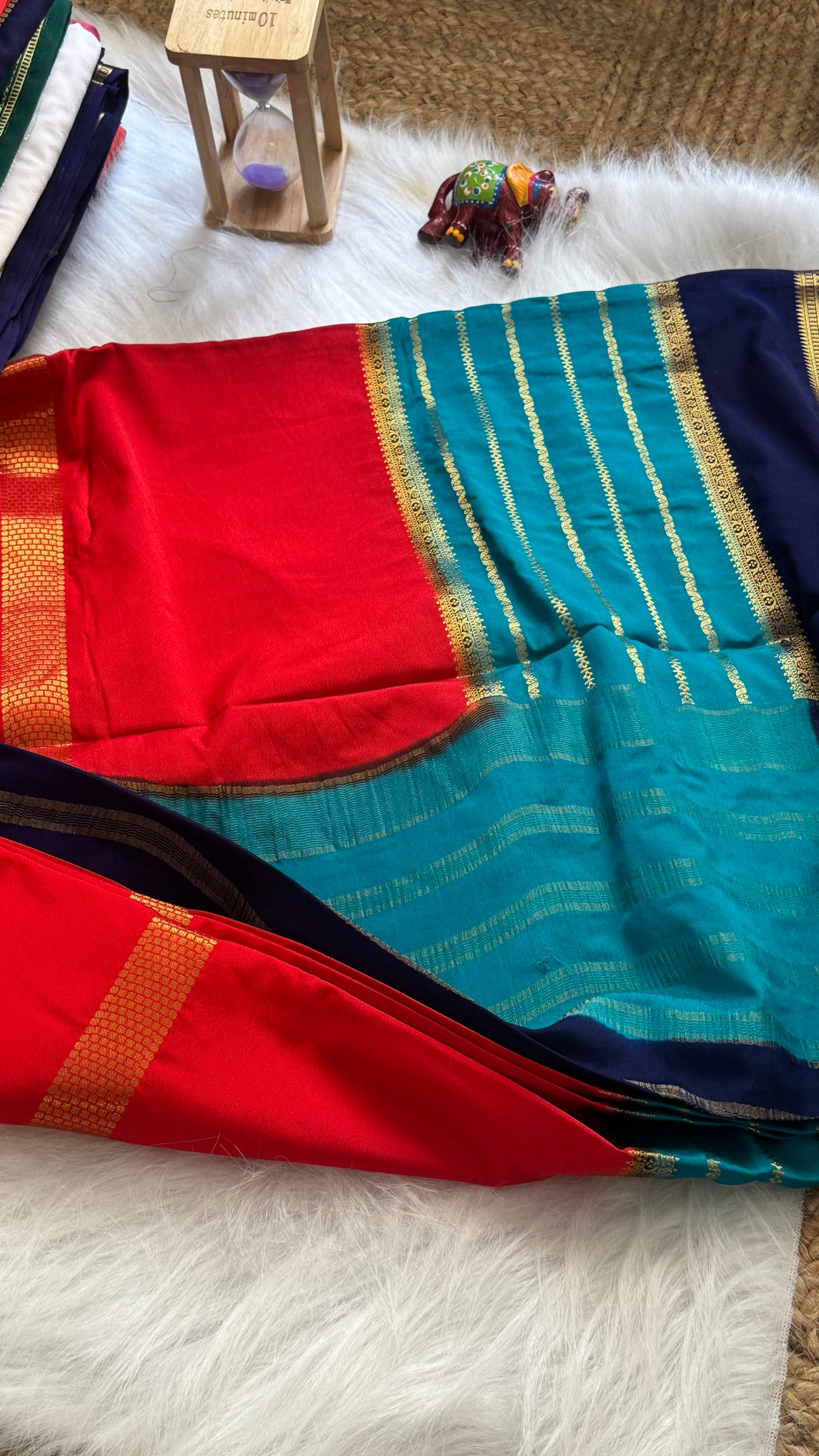 Semi  Mysore Silk Saree - 3D Pattern - Black, Turquoise and Orange