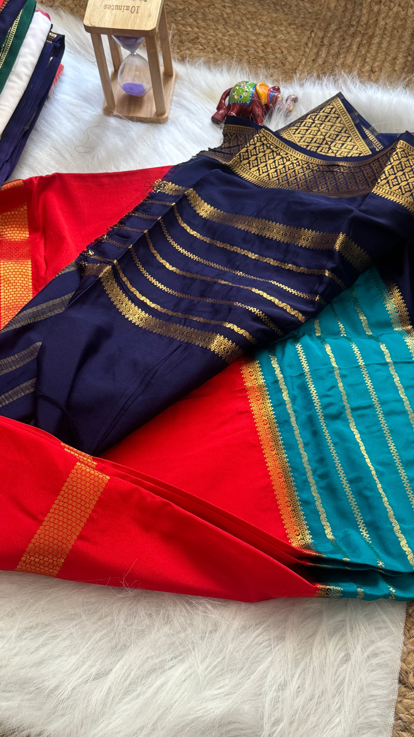 Semi  Mysore Silk Saree - 3D Pattern - Black, Turquoise and Orange