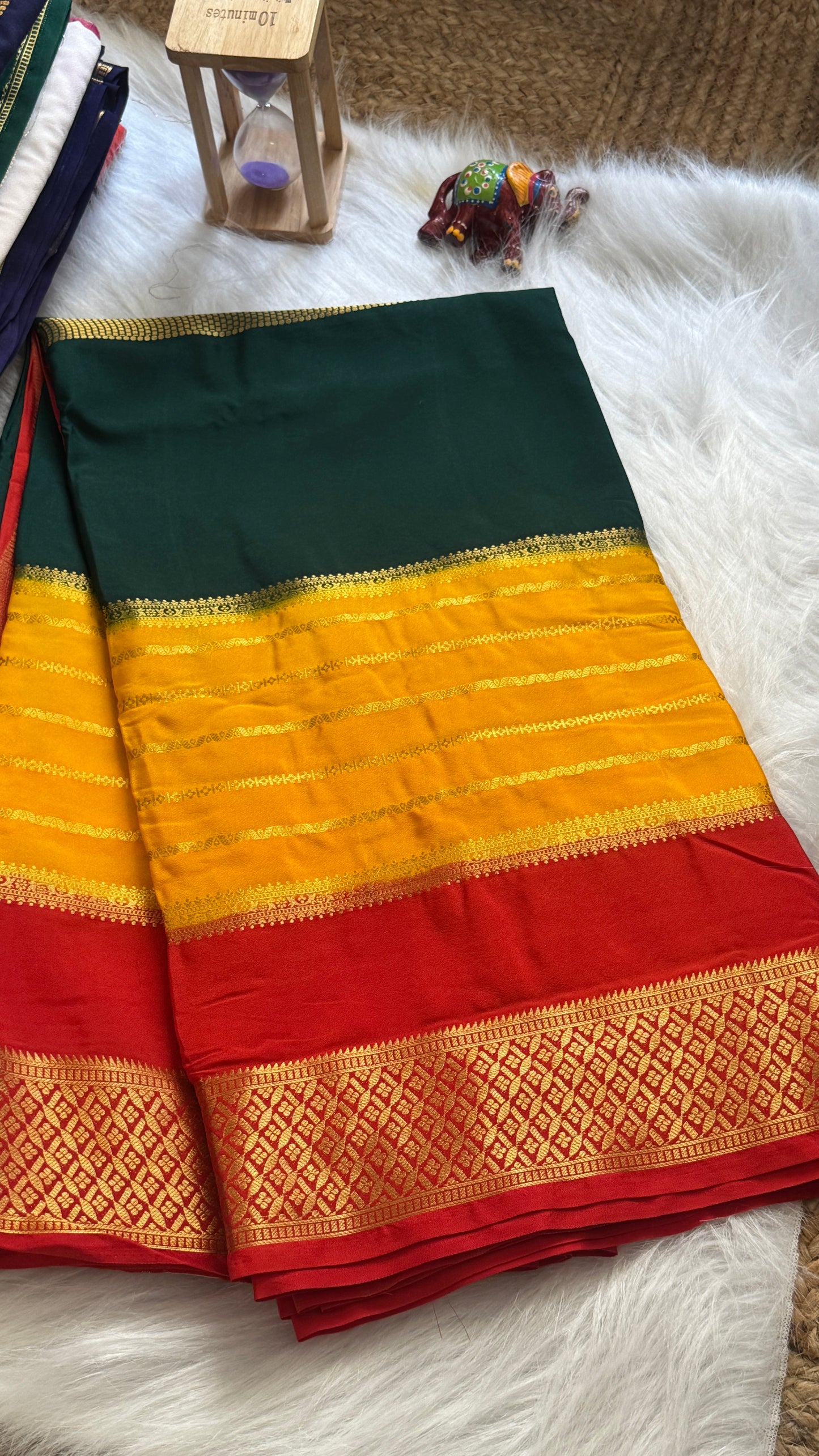 Semi  Mysore Silk Saree - 3D Pattern - Red, Yellow and Dark Green