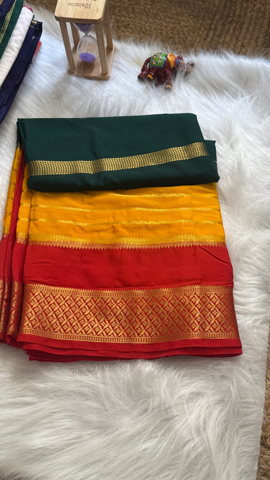 Semi  Mysore Silk Saree - 3D Pattern - Red, Yellow and Dark Green