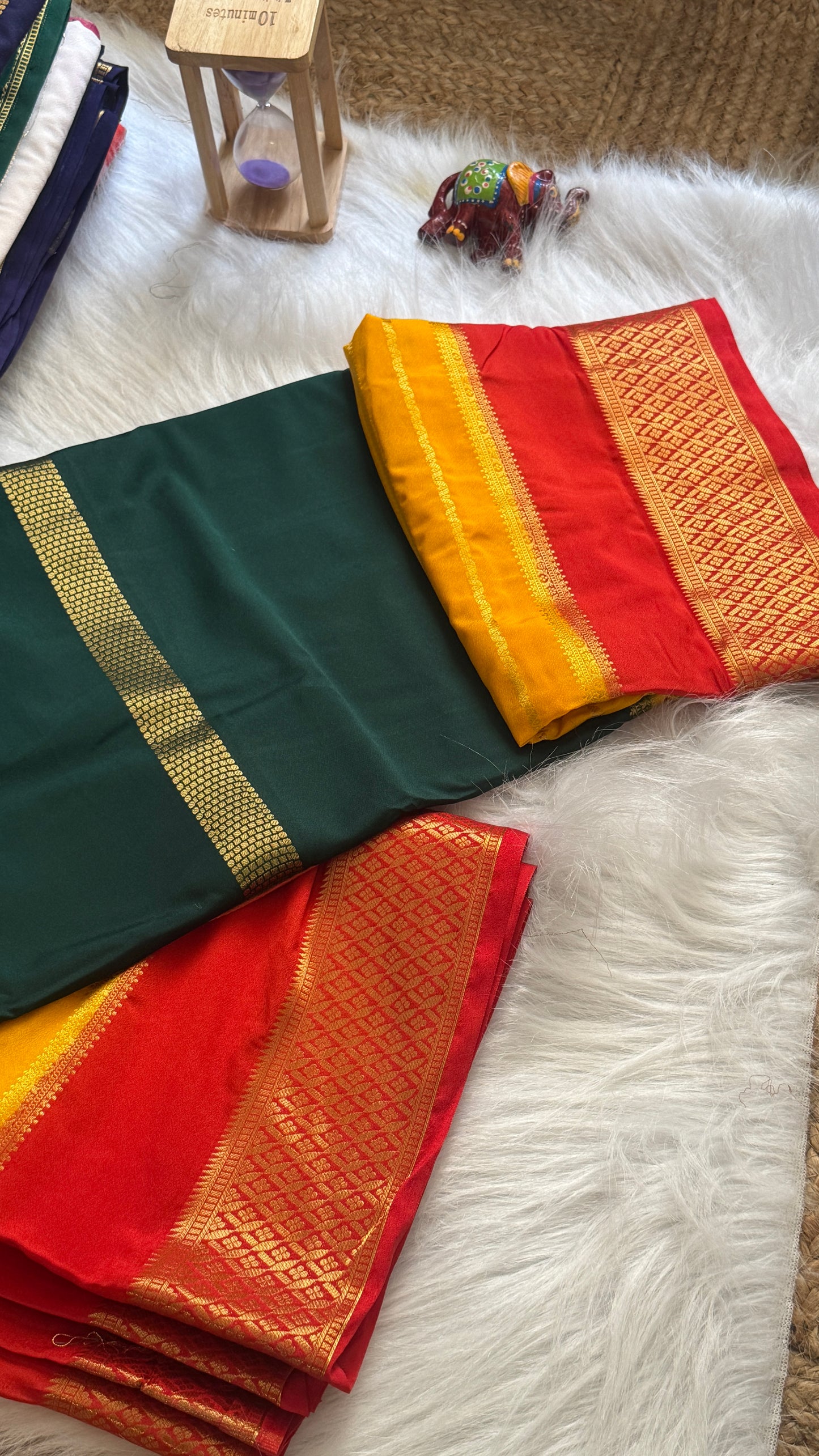 Semi  Mysore Silk Saree - 3D Pattern - Red, Yellow and Dark Green