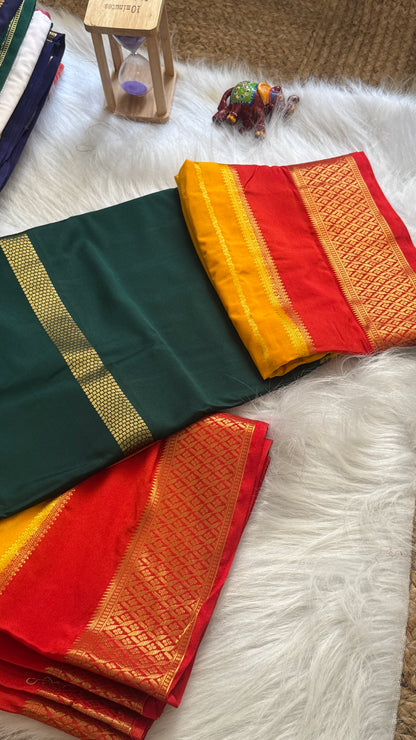 Semi  Mysore Silk Saree - 3D Pattern - Red, Yellow and Dark Green