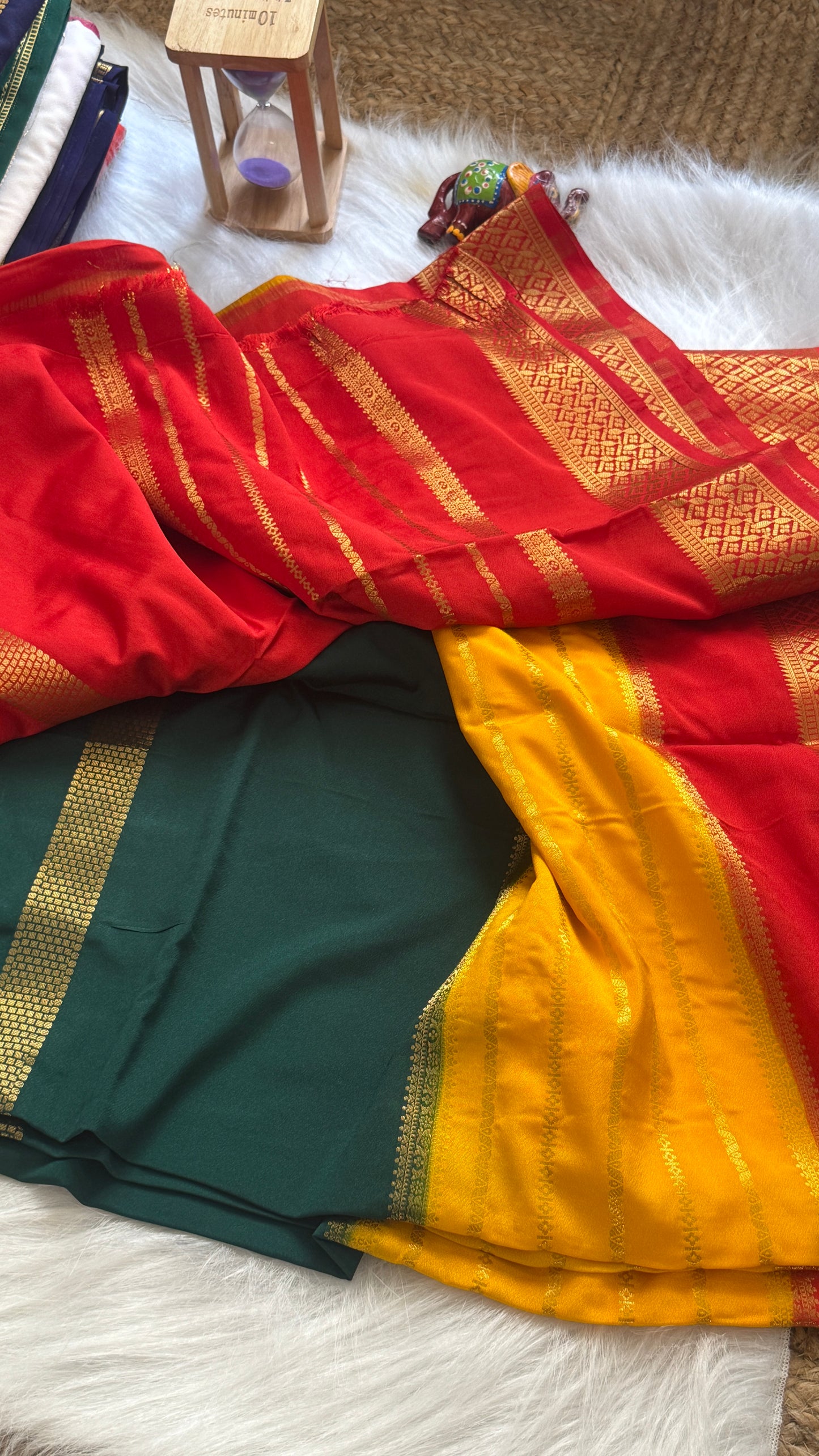 Semi  Mysore Silk Saree - 3D Pattern - Red, Yellow and Dark Green