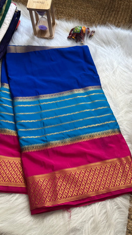 Semi  Mysore Silk Saree - 3D Pattern - Pink, Sky Blue and Royal Blue