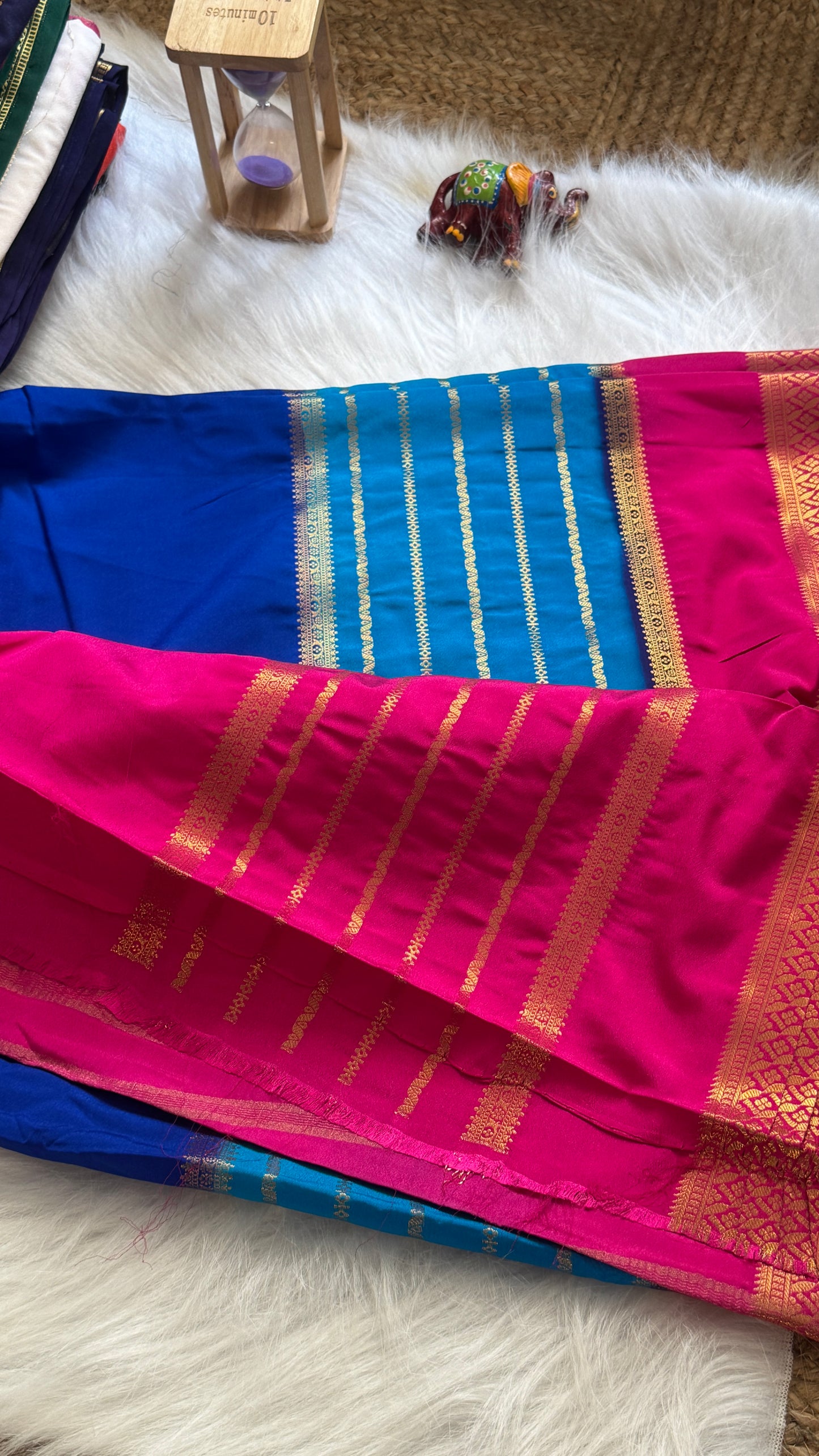 Semi  Mysore Silk Saree - 3D Pattern - Pink, Sky Blue and Royal Blue