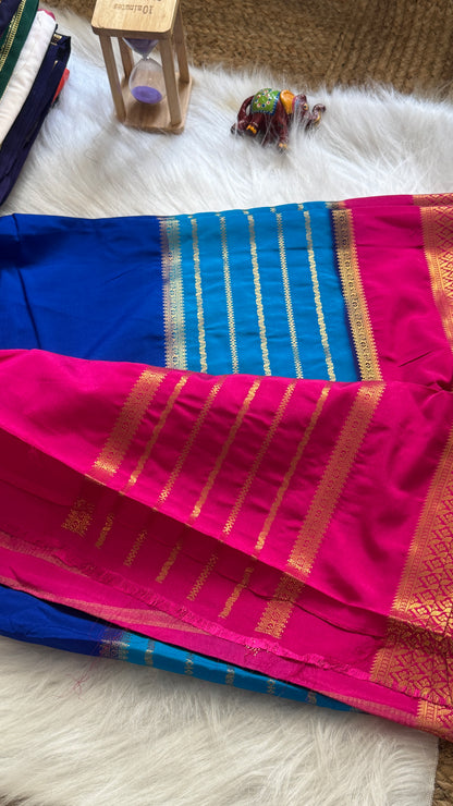 Semi  Mysore Silk Saree - 3D Pattern - Pink, Sky Blue and Royal Blue