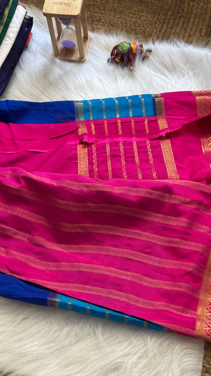 Semi  Mysore Silk Saree - 3D Pattern - Pink, Sky Blue and Royal Blue