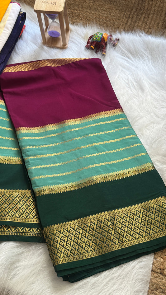 Semi  Mysore Silk Saree - 3D Pattern - Dark Green, Turquoise and Maroon
