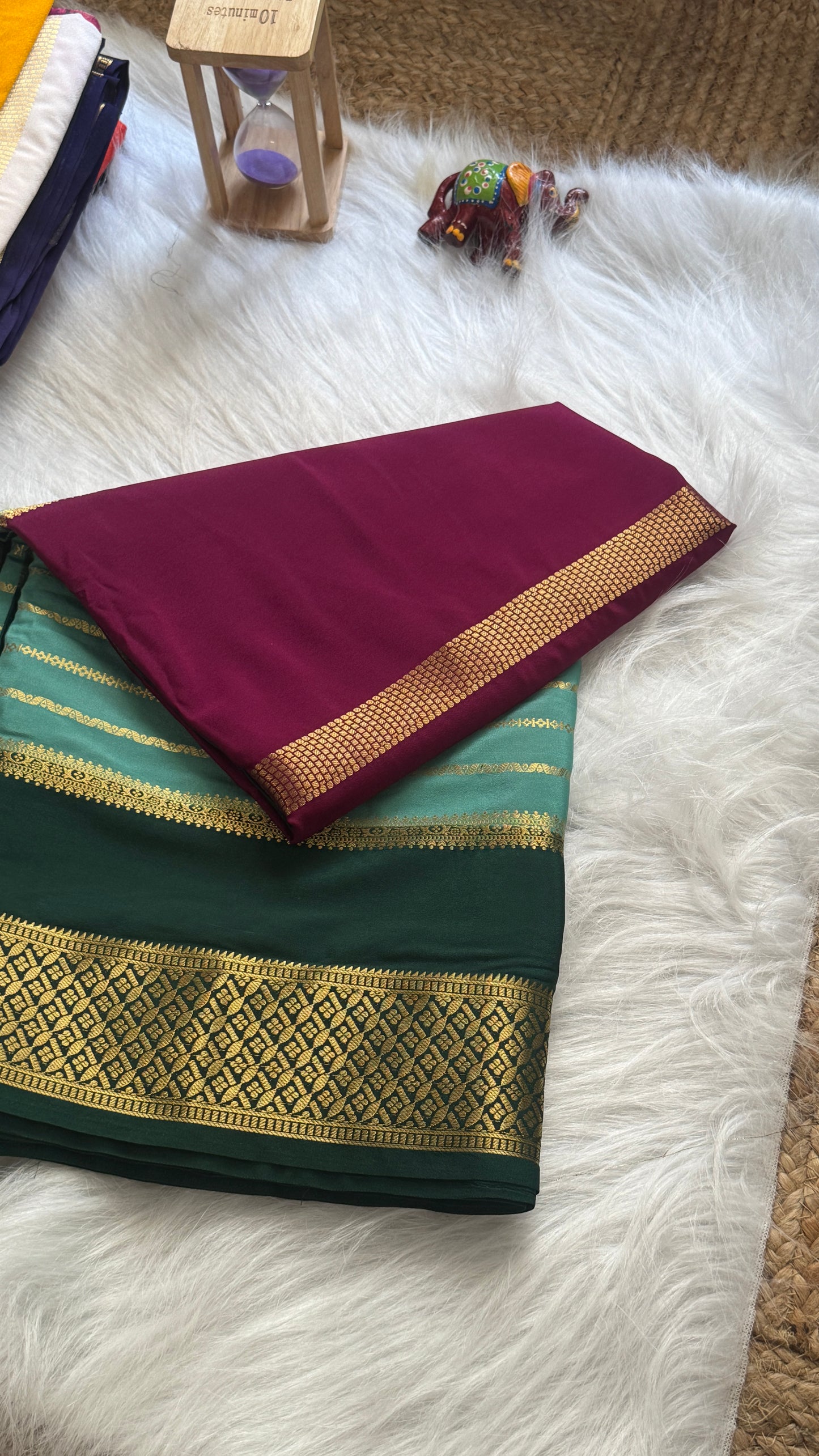 Semi  Mysore Silk Saree - 3D Pattern - Dark Green, Turquoise and Maroon