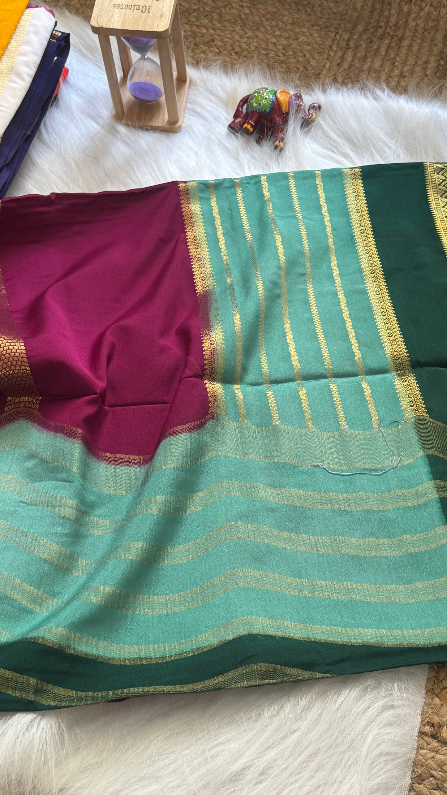 Semi  Mysore Silk Saree - 3D Pattern - Dark Green, Turquoise and Maroon
