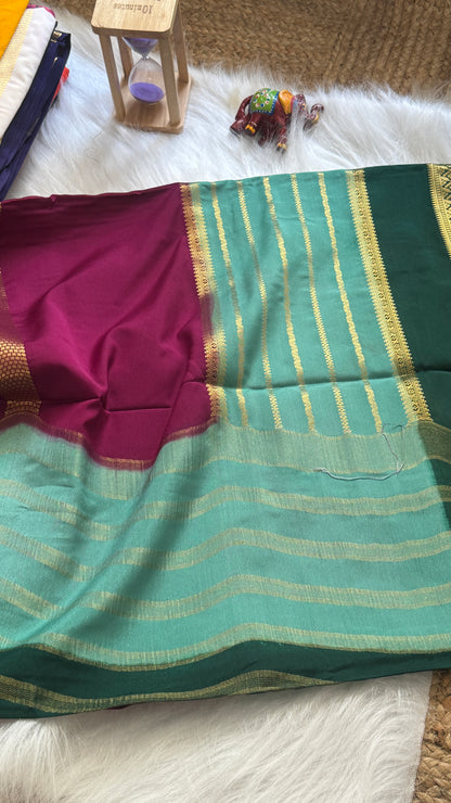 Semi  Mysore Silk Saree - 3D Pattern - Dark Green, Turquoise and Maroon