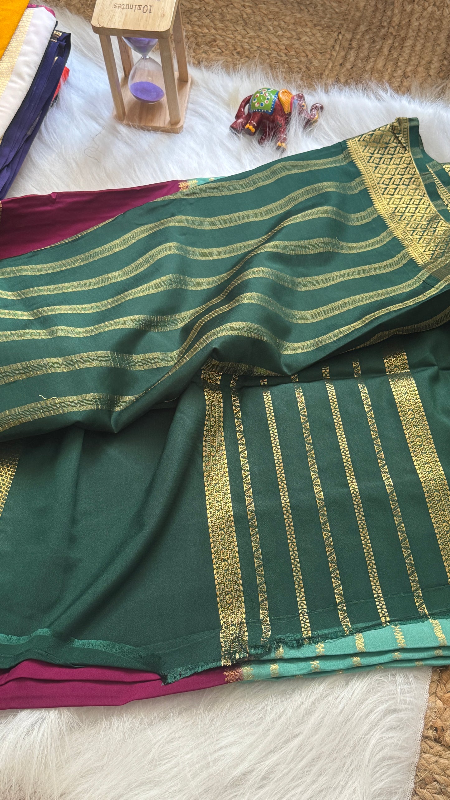 Semi  Mysore Silk Saree - 3D Pattern - Dark Green, Turquoise and Maroon