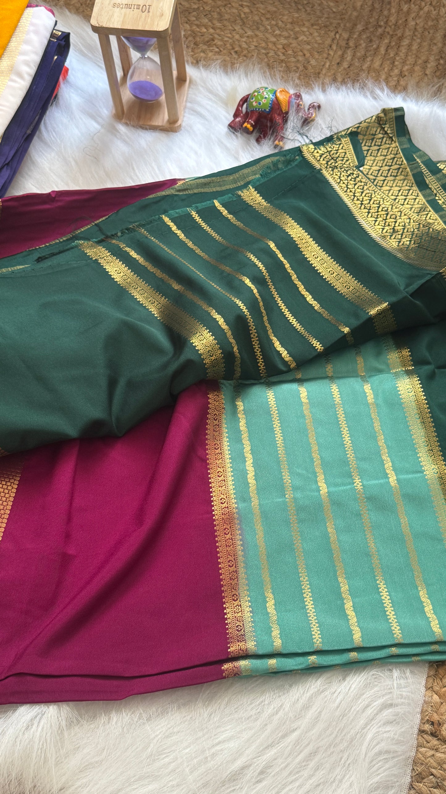 Semi  Mysore Silk Saree - 3D Pattern - Dark Green, Turquoise and Maroon