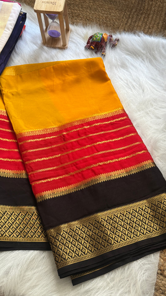 Semi  Mysore Silk Saree - 3D Pattern - Black, Red and Yellow