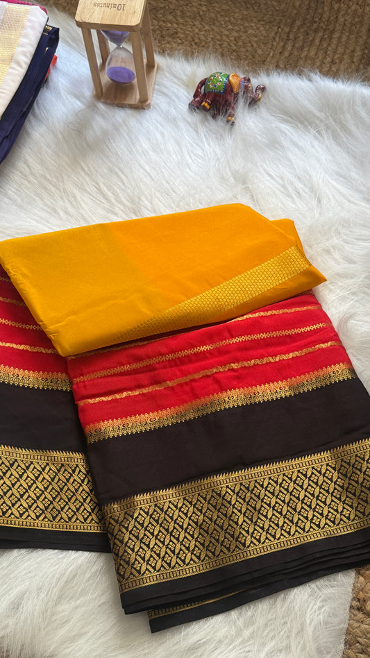 Semi  Mysore Silk Saree - 3D Pattern - Black, Red and Yellow