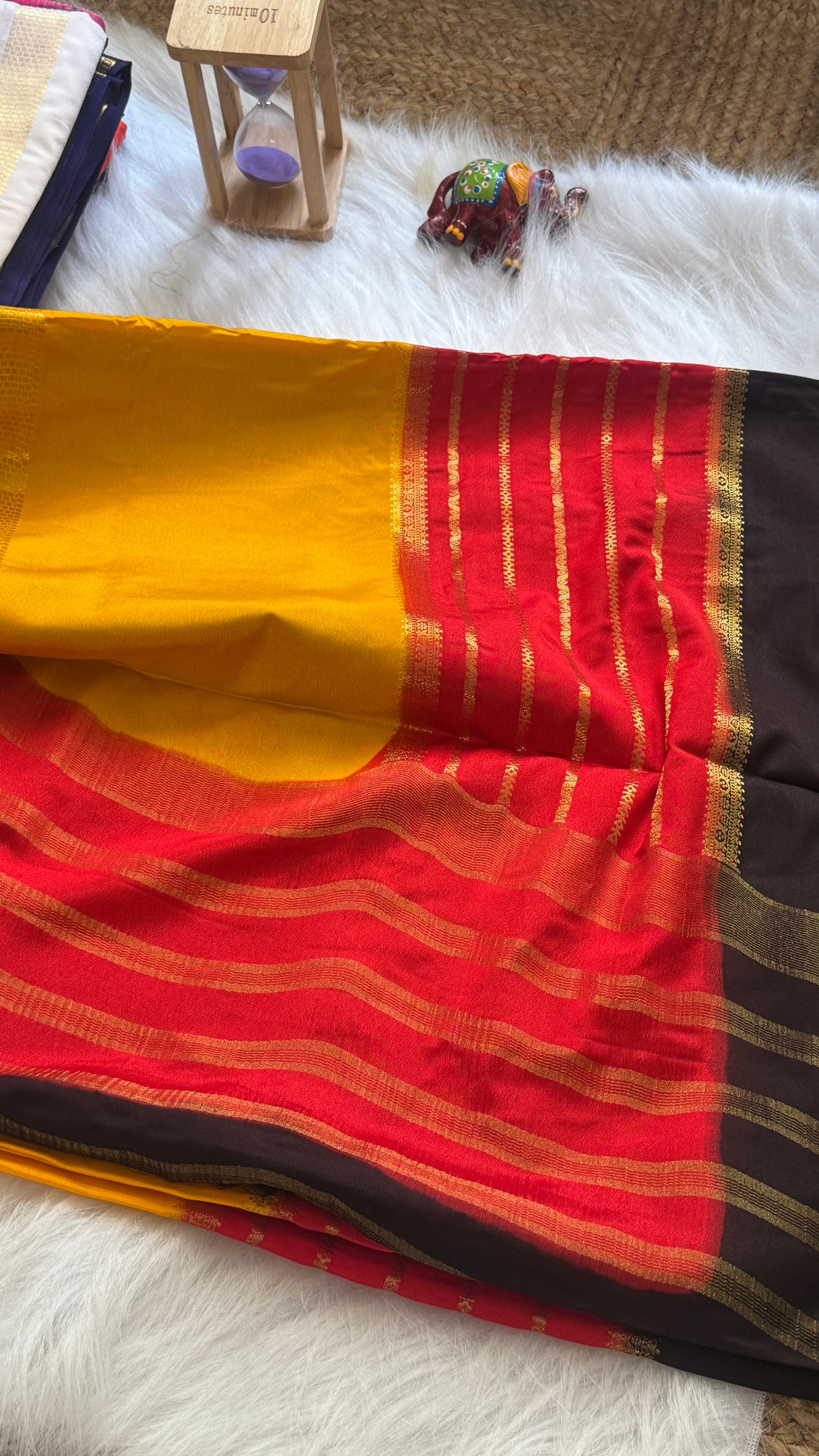 Semi  Mysore Silk Saree - 3D Pattern - Black, Red and Yellow