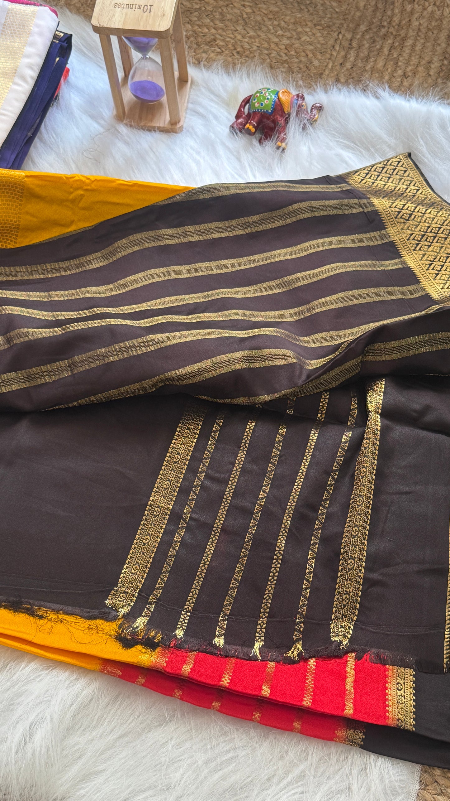 Semi  Mysore Silk Saree - 3D Pattern - Black, Red and Yellow